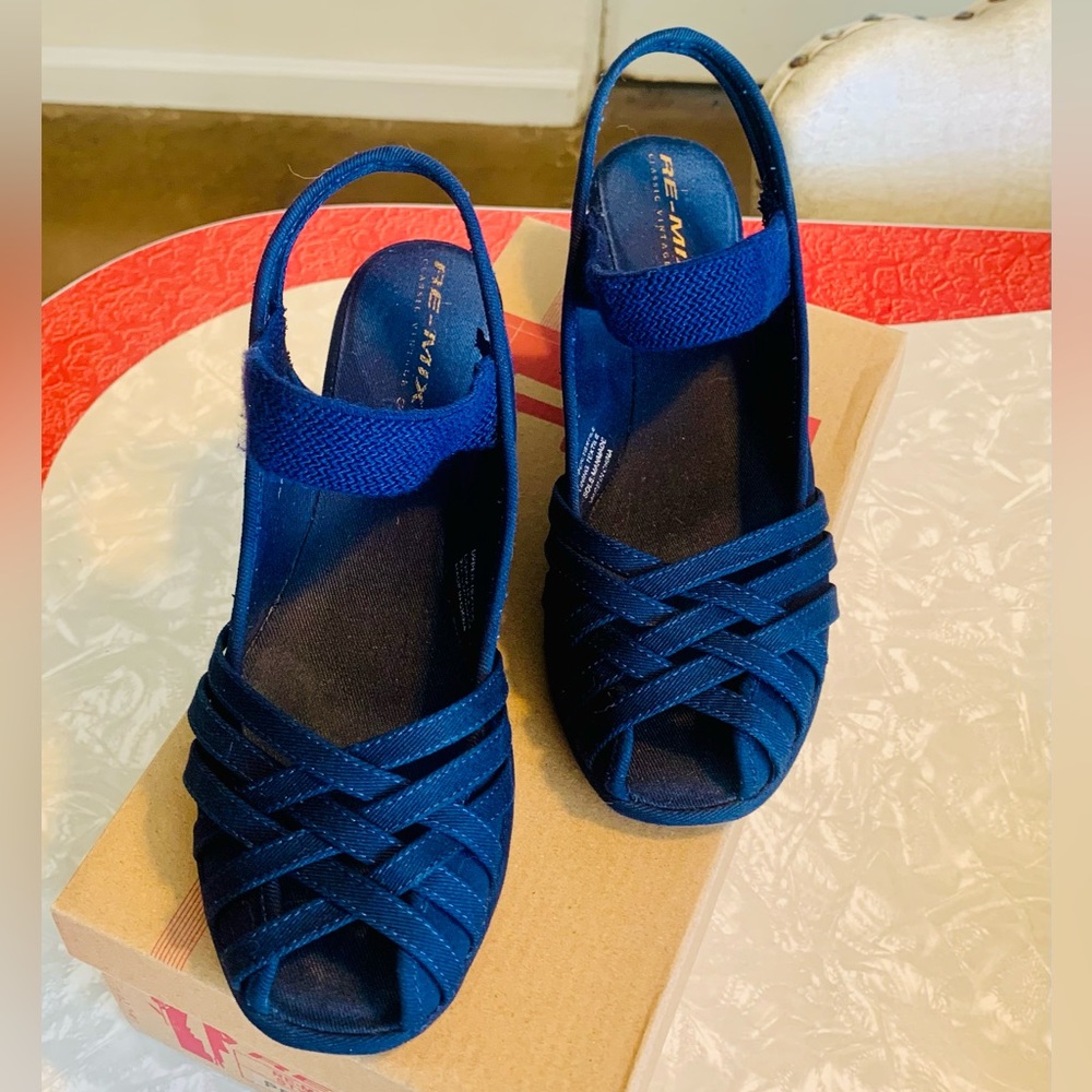 Re-Mix Vintage Shoes Penny Navy Blue Wedges
